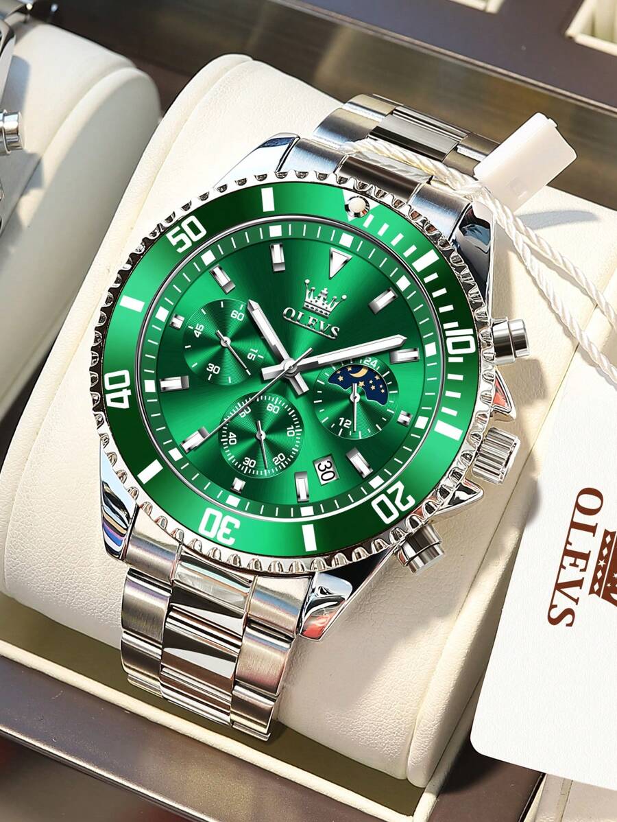 OLEVS. OLEVS Mens Watches Chronograph Luxury Dress Moon Phase Quartz Stainless Steel Waterproof Luminous Business Calendar Wrist Watch - 綠色 - 查看 1