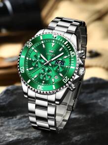 OLEVS. OLEVS Mens Watches Chronograph Luxury Dress Moon Phase Quartz Stainless Steel Waterproof Luminous Business Calendar Wrist Watch - 綠色 - 查看 2