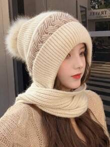 1pc Winter Skiing Cap Scarf Set For Women, Sweet Plus Thick Knitted Hat And Scarf Integrated Design, Windproof And Warm - Beige - View 1
