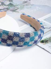 1pc Ladies' Stylish Wide Sponge Headband, Square Rhinestone Decor, Suitable For Outdoor Use - Blue - View 4