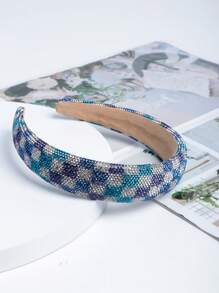 1pc Ladies' Stylish Wide Sponge Headband, Square Rhinestone Decor, Suitable For Outdoor Use - Blue - View 5