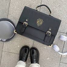 1入組黑色學院風包帶可拆卸肩帶,可A單肩包,斜挎包或者有徽章,復古和時尚後背包,合適的適用於學生 - 黑色 - 查看 5