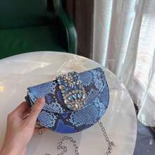 復古鱷魚新月形鞍包,金屬光澤宴會鑽石手提斜背包,派對夜晚必備 - 藍色 - 查看 3