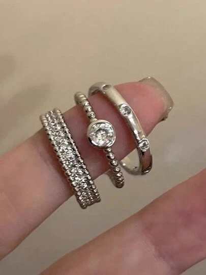 3入組簡約時尚銅制方形鋯石戒指設計,女士專屬