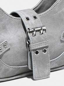 Y2K, Steampunk, Funky, Gothic Style, Spooky Style1pc Grey Handbag With Rivets Decoration, Shoulder Strap And Adjustable Buckle, Suitable For Daily Use With Punk StyleHobo Bag, Perfect For Music Festival - Grey - View 6