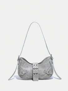 Y2K, Steampunk, Funky, Gothic Style, Spooky Style1pc Grey Handbag With Rivets Decoration, Shoulder Strap And Adjustable Buckle, Suitable For Daily Use With Punk StyleHobo Bag, Perfect For Music Festival - Grey - View 2