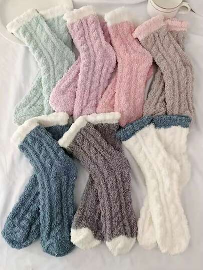 7 Pares De Calcetines Para Dormir A Media Pantorrilla De Lana Coral Gruesos Bonitos Para Mujer Para Otoño E Invierno