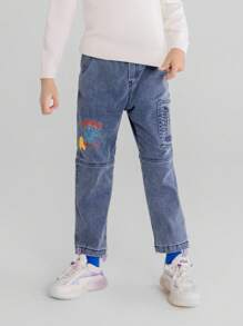 Annil Tween Boy Denim Pants Autumn And Winter Casual Printed Thermal Jeans Blue - Blue - View 1