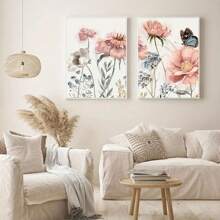 3 件粉色花朵和蝴蝶帆布牆壁藝術,水墨風格海報無框廚房、客廳和臥室裝飾,打造美麗優雅的家 - 彩色 - 查看 4