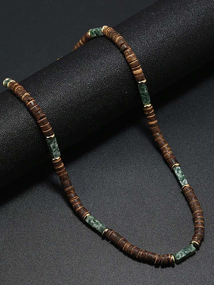 1pc Vintage Bohemian Natural Stone Necklace, Summer Jewelry With Brown Coconut Shell & Wooden Beads, Men's Accessory