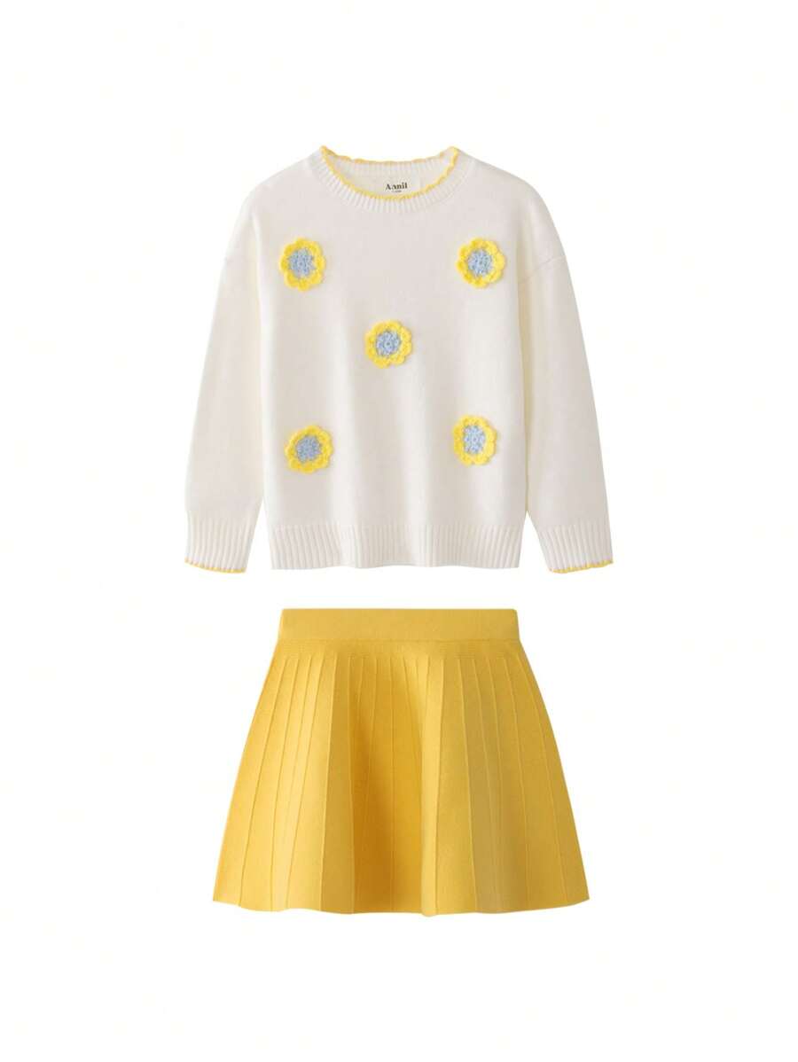 Annil Tween Girl Spring And Autumn Cute Flower Knitted Sweater Soft Skin-Friendly Warm Top Skirt Suit 2-Piece Set - Beige - View 1