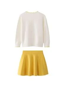 Annil Tween Girl Spring And Autumn Cute Flower Knitted Sweater Soft Skin-Friendly Warm Top Skirt Suit 2-Piece Set - Beige - View 2