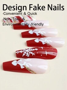 穿上24入組長棺材聖誕雪花麋鹿印花法式條紋假指甲和1入組指甲銼和1張指甲膠帶，打造迷人魅力 - 紅白色 - 查看 3