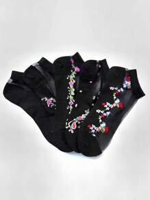 5pairs Women's Breathable Sheer Glass Silk Jacquard Short Socks In Black - Black - View 7