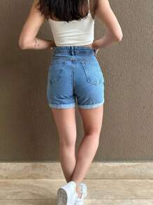 Shorts De Mezclilla Con Brillo - Azul lavado medio - Ver 2