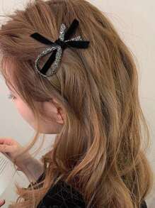 1pc Women's Black & Rhinestone Bow Hair Clip Alligator Hair Clips For Side Bangs Suitable For Daily Use Elegant Valentine's Day Valentines,Hair Accessories,Hair Barrettes Claw Clips, Hairpin - Black - View 1