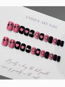 24入組流行多彩愛心鑽飾美甲和假指甲套裝,適合日常穿著、派對和跳舞,附魚膠膠水和指甲銼 - 彩色 - 查看 2