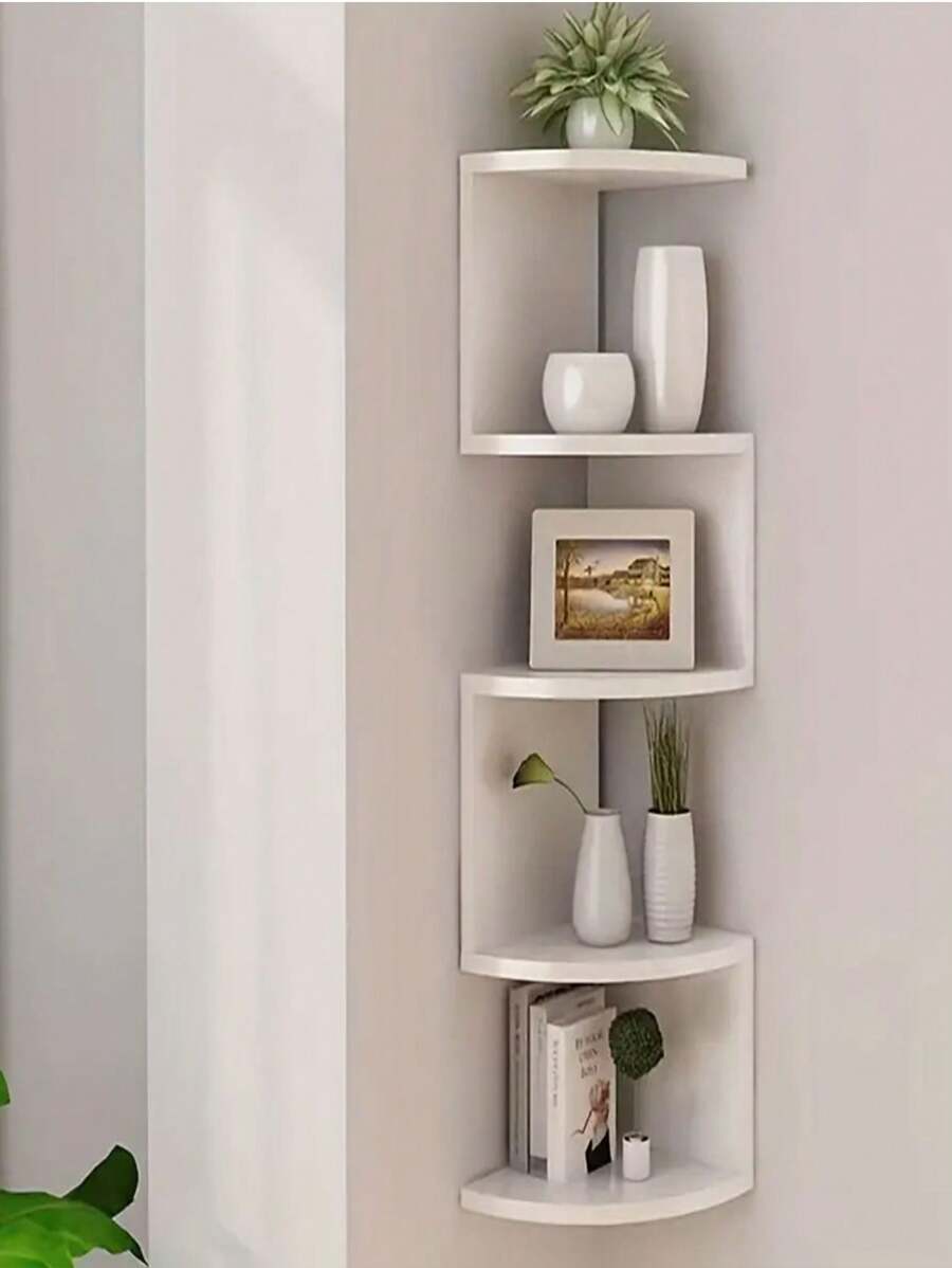 1pc 5-tier Creative Wall-mounted Corner Zigzag Shelf With Half-round Partition Board For Wall & Corner Decoration - White - View 1