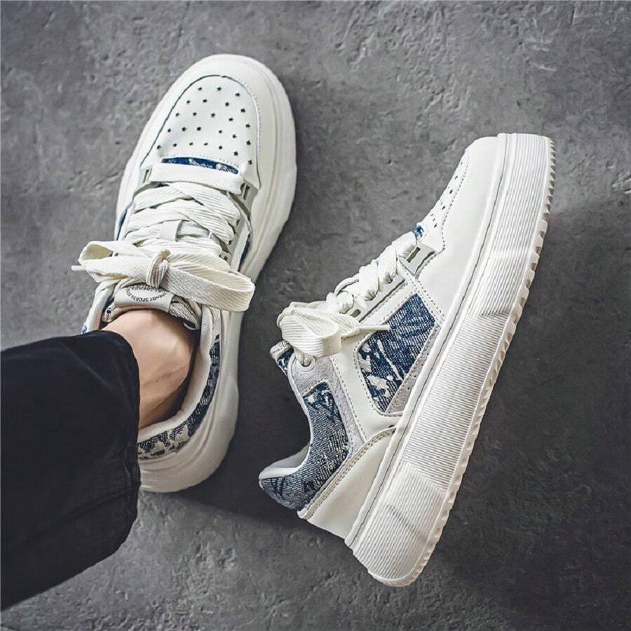 【3-5cm增高設計】男士秋季增高厚底升降鞋,休閒風格白色球鞋,低幫款式,防水防滑 - 藍色 - 查看 1