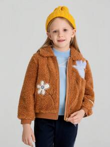 Annil 女童針織絨毛外套，秋冬季節，加厚保暖，teddy絨毛拉鍊襯衫，啡色 - 棕色 - 查看 3