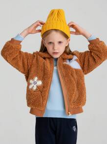 Annil 女童針織絨毛外套，秋冬季節，加厚保暖，teddy絨毛拉鍊襯衫，啡色 - 棕色 - 查看 1