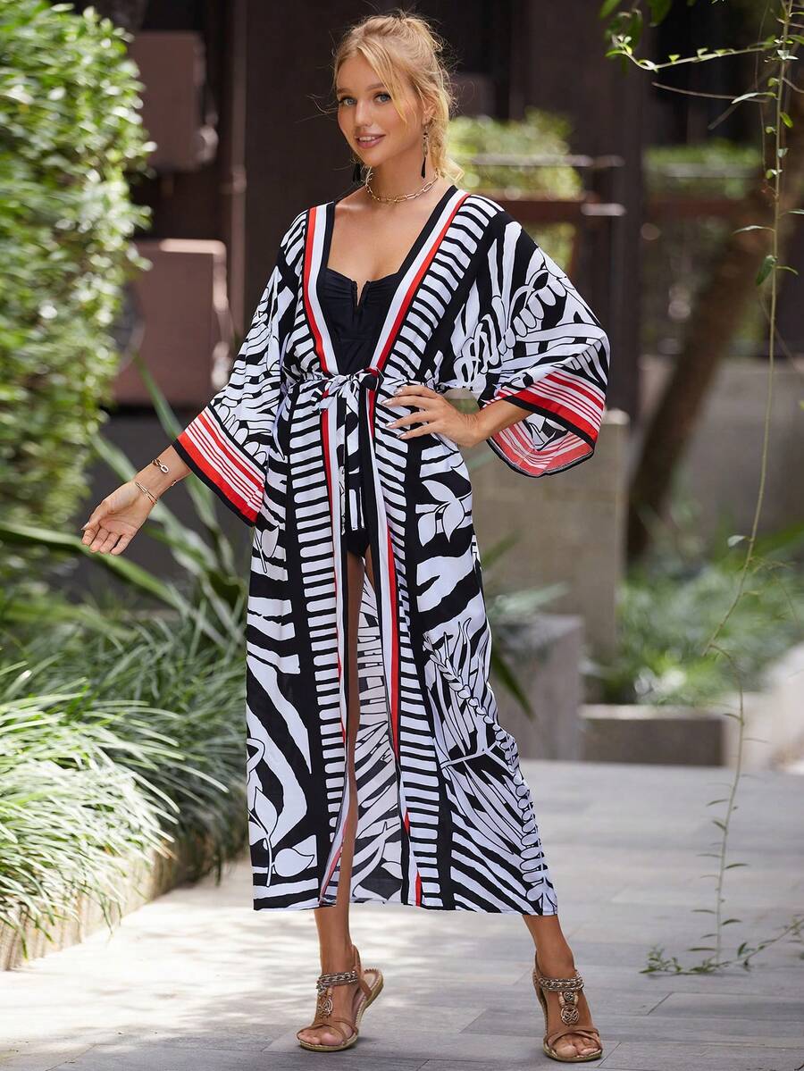 Tropical Print Belted Kimono Dress