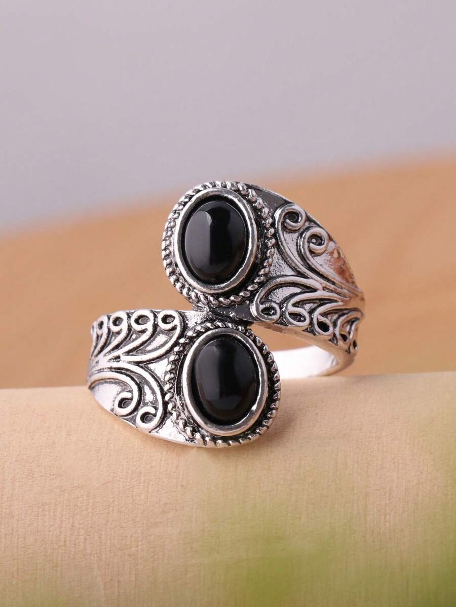 1pc Alloy Silver Plated Black Gemstone Couples' Rings | SHEIN USA