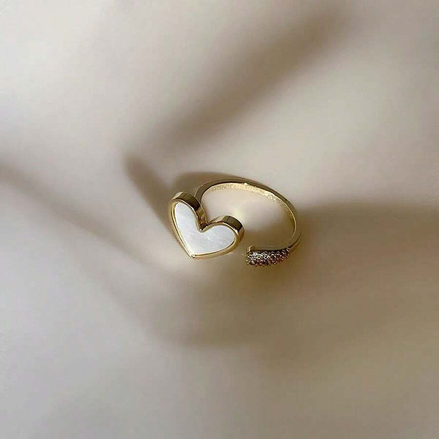 1pc Heart Shaped Shell Ring For Women, Simple Adjustable Opening Design, Light Luxury Fashionable Personalized Accessory - Gold - View 1