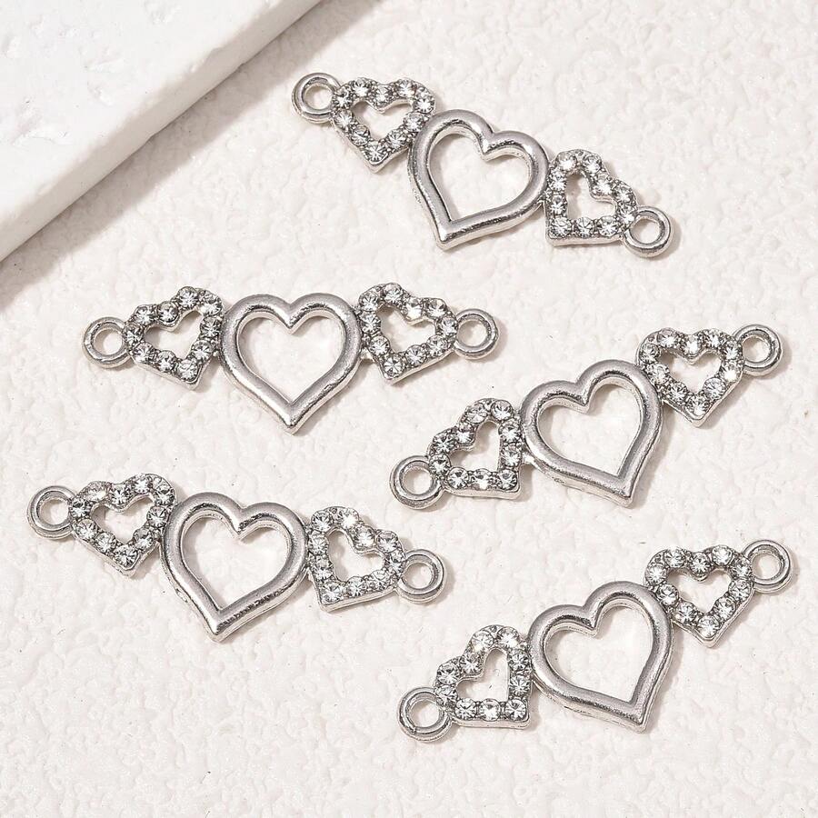 5 件裝心形水鑽雙吊墜 Diy 珠寶配飾,適合女士手鍊和繩索裝飾 - 銀色 - 查看 1