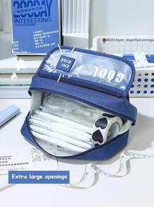 1pc High-Capacity Multi-Layered Cute Japanese-Style Student Pencil Case For Middle School Boys, With A High-End Black Pen Box Design - Blue - View 3