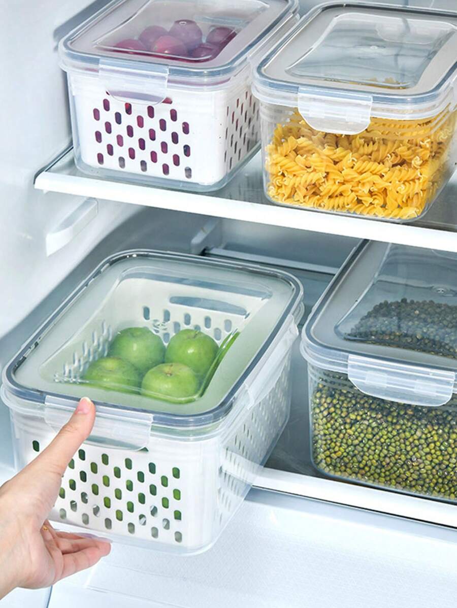 多功能冰箱食品储物盒,大容量密封水果储物盒带沥水篮,塑料食品储物盒带盖,适用于冰箱、水果、蔬菜、厨房、餐厅、超市 - 白色 - 查看 1