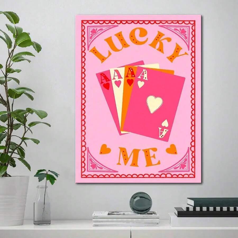 1pc Lucky Me Pink Poker Card Poster - Y2k Style Wall Art Canvas Decoration For Home, Living Room, Bedroom, Bar, Cafe With Interesting Illustrations - No Frame Needed - Multicolor - View 1