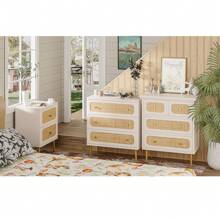 COZAYH Wicker Rattan Nightstand, 2-Drawer End Table Side Table For Small Spaces, Modern Farmhouse Wooden Bedside Table, Boho Mid-Century Coastal Storage Cabinet - White - View 7