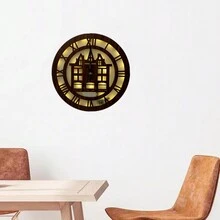 1入組30*30cm木質復古時鐘燈具,帶有led燈光效果,羅馬數字時鐘帶自粘鉤,採用光控+聲控晶片進行燈光控制,別墅閣樓結構造型,經過雷射雕刻的鐘面帶uv色調的復古木紋,適用於家居牆壁裝飾,採用機械時鐘運動,當天黑時且檢測到聲音時燈光會自動點亮,並於50秒後自動關閉,節能；時鐘運動使用1pc Aa電池,燈光電源使用2pc Aaa電池（不含電池）。 - 紅木色 - 查看 12