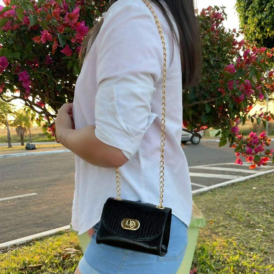 小型方形袋子,女性豪華鱷魚皮金屬手袋,時尚手袋連鍊 - 黑色 - 查看 1