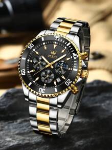 OLEVS. OLEVS Mens Watches Chronograph Luxury Dress Moon Phase Quartz Stainless Steel Waterproof Luminous Business Calendar Wrist Watch - vàng đen - Xem 2