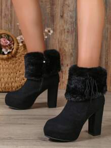 Women's Gorgeous Round Toe Side Zipper Velvet And Furry Edge High-heeled Fashion Boots - Black - View 5