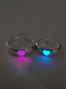 2 件时尚简约设计夜光心形开口可调节银质情侣戒指套装情人节 - 銀色 - 查看 2