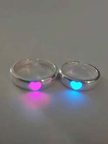 2 件时尚简约设计夜光心形开口可调节银质情侣戒指套装情人节 - 銀色 - 查看 1