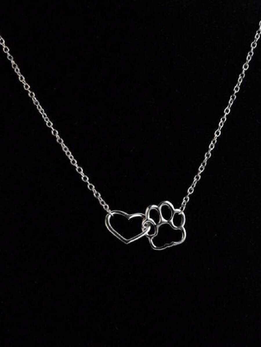 1 件裝愛狗爪關節心形吊墜兩層鏡面效果不銹鋼鎖骨鏈 - 銀色 - 查看 1