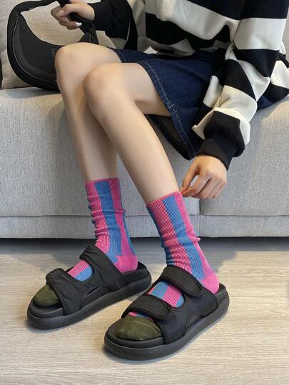 1pair Women's Dopa Colorblock Mid-calf Socks, Breathable & Non-slip, Fashionable Niche Style, Multi-color Splicing, Suitable For All Skin Tones, Versatile