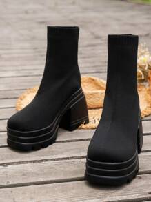 Women's Thick Sole Insulated High Heel Short Boots, Fashionable & Warm, Autumn/Winter
