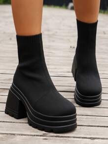 Women's Thick Sole Insulated High Heel Short Boots, Fashionable & Warm, Autumn/Winter