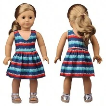 1件18英寸娃娃條紋裙,美國娃娃女孩衣服配件,藍色和紅色條紋裙 (不包括娃娃)