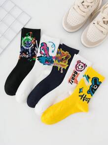 5pairs Men's Colorful Graffiti Street Style Mid-calf Socks - Multicolor - View 1