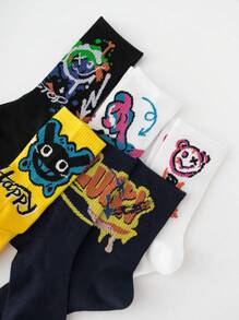 5pairs Men's Colorful Graffiti Street Style Mid-calf Socks - Multicolor - View 3