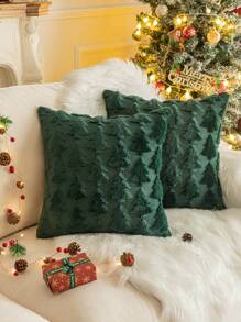 1pc Embroidered Christmas Tree Pillow Cover - Green - View 1
