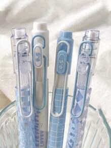 4入組格紋圖案中性筆 - 淺藍色 - 查看 3