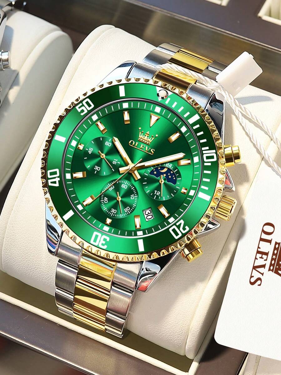 OLEVS. OLEVS Mens Watches Chronograph Luxury Dress Moon Phase Quartz Stainless Steel Waterproof Luminous Business Calendar Wrist Watch - 金綠色 - 查看 1