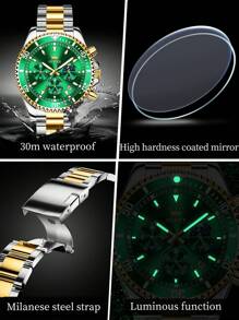 OLEVS. OLEVS Mens Watches Chronograph Luxury Dress Moon Phase Quartz Stainless Steel Waterproof Luminous Business Calendar Wrist Watch - 金綠色 - 查看 6
